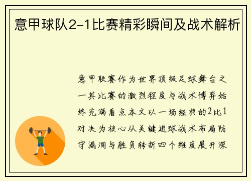 意甲球队2-1比赛精彩瞬间及战术解析