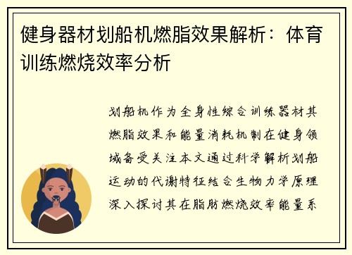 健身器材划船机燃脂效果解析：体育训练燃烧效率分析