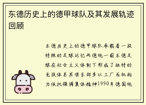 东德历史上的德甲球队及其发展轨迹回顾