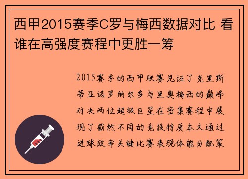 西甲2015赛季C罗与梅西数据对比 看谁在高强度赛程中更胜一筹